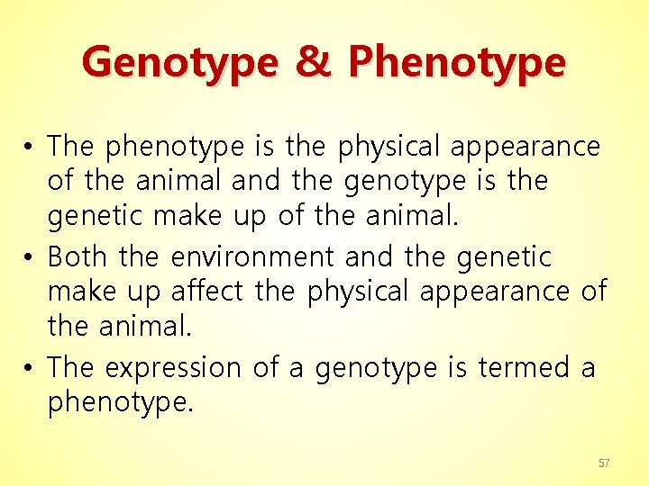 Genotype & Phenotype • The phenotype is the physical appearance of the animal and