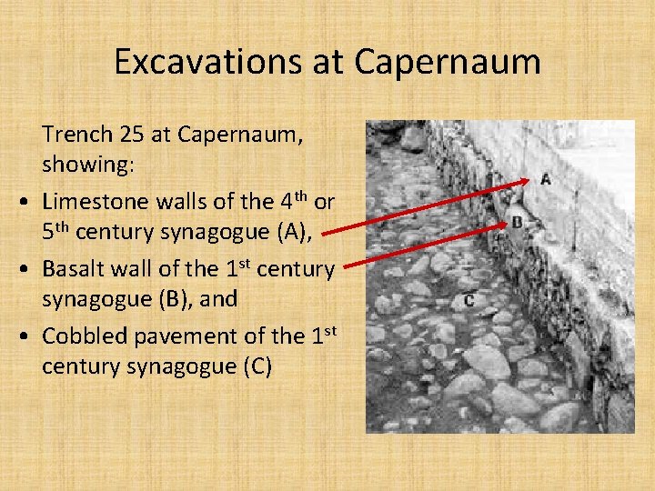 Excavations at Capernaum Trench 25 at Capernaum, showing: • Limestone walls of the 4