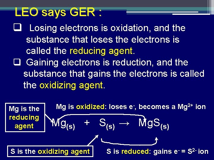 LEO says GER : q Losing electrons is oxidation, and the substance that loses