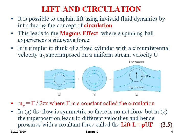 LIFT AND CIRCULATION • It is possible to explain lift using inviscid fluid dynamics