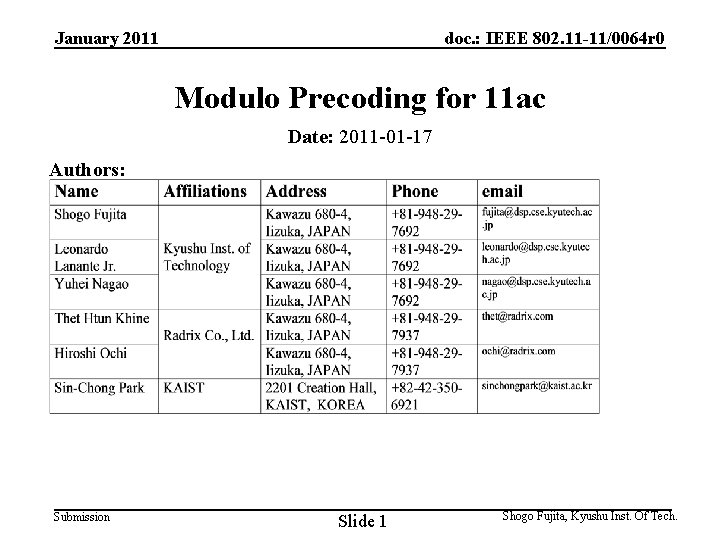 January 2011 doc. : IEEE 802. 11 -11/0064 r 0 Modulo Precoding for 11