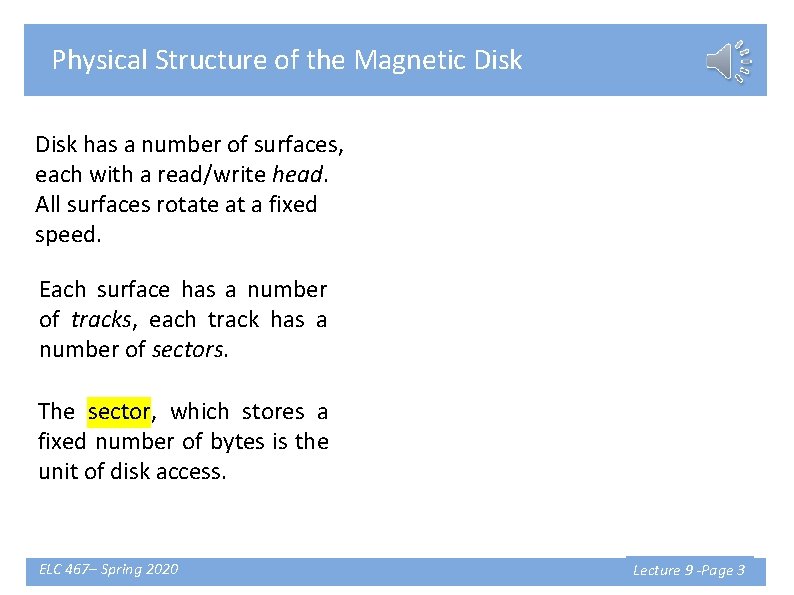 Physical Structure of the Magnetic Disk has a number of surfaces, each with a