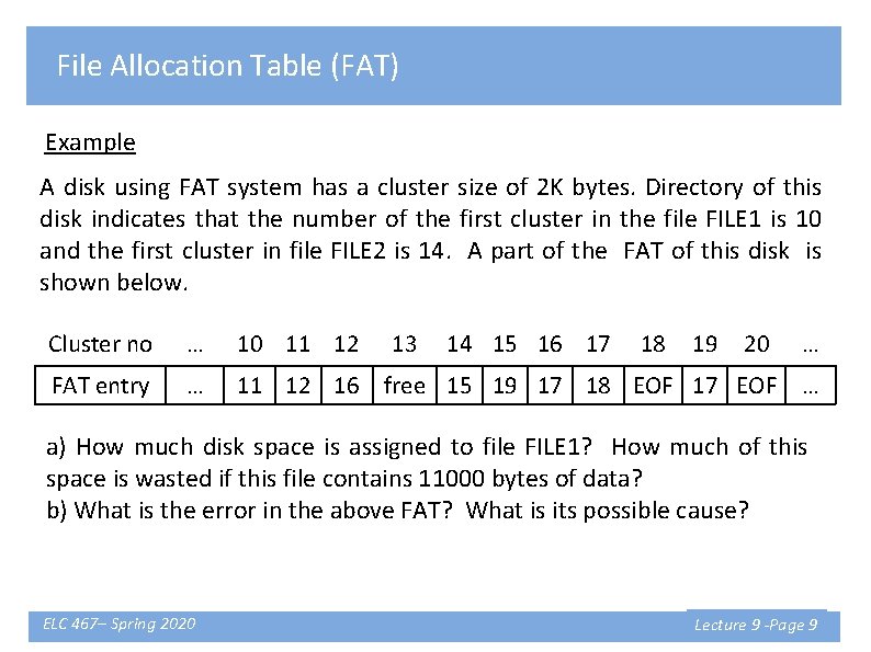 File Allocation Table (FAT) Example A disk using FAT system has a cluster size