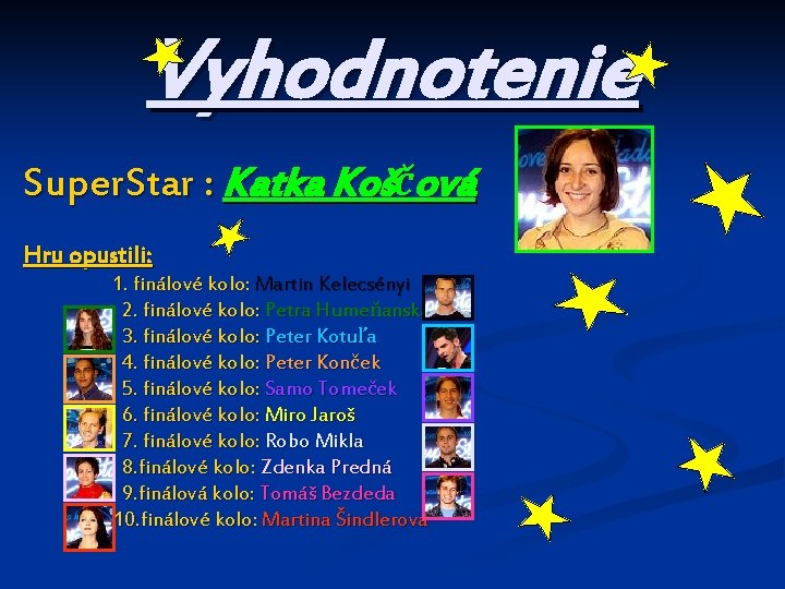 Vyhodnotenie Super. Star : Katka Koščová Hru opustili: 1. finálové kolo: Martin Kelecsényi 2.
