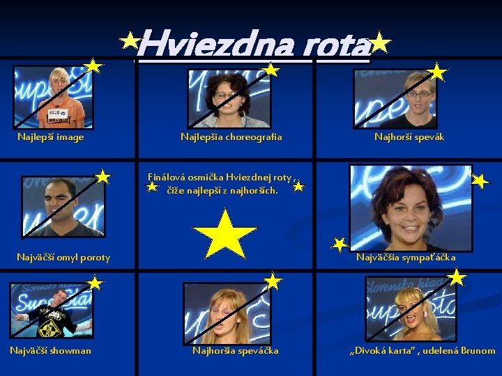 Hviezdna rota Najlepší image Najlepšia choreografia Najhorší spevák Finálová osmička Hviezdnej roty , čiže