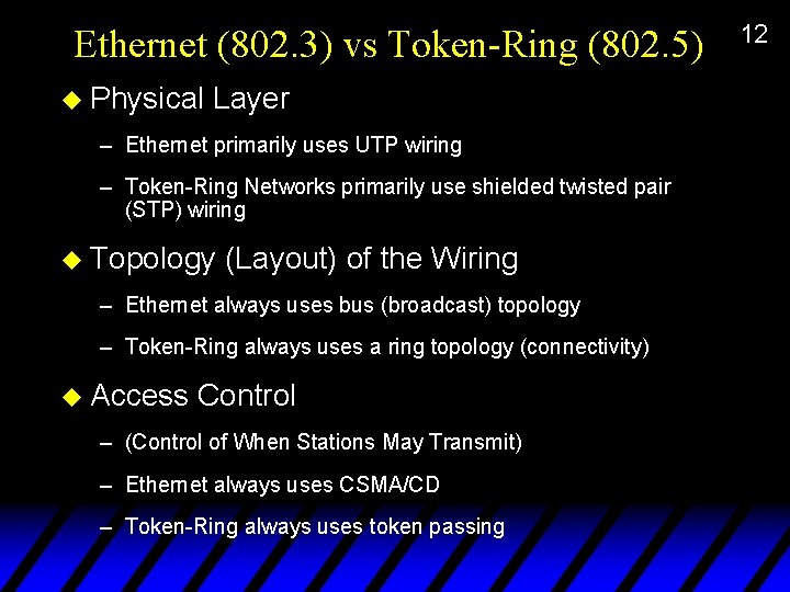 Ethernet (802. 3) vs Token-Ring (802. 5) u Physical Layer – Ethernet primarily uses