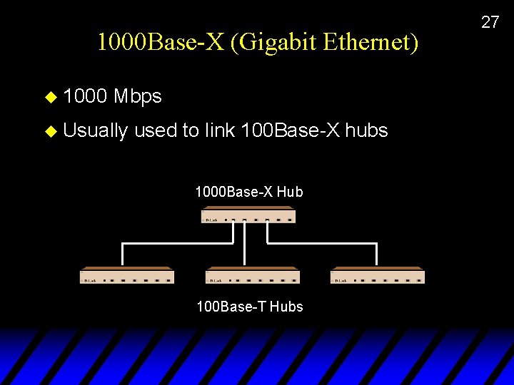 1000 Base-X (Gigabit Ethernet) u 1000 Mbps u Usually used to link 100 Base-X