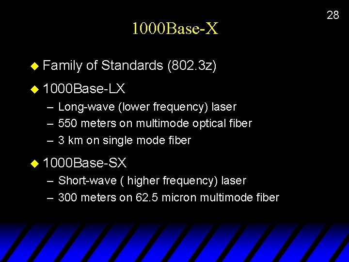 1000 Base-X u Family of Standards (802. 3 z) u 1000 Base-LX – Long-wave
