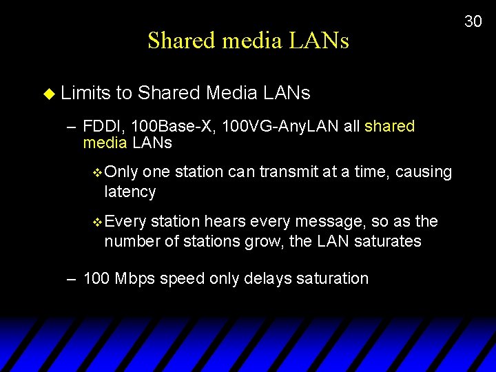 Shared media LANs u Limits to Shared Media LANs – FDDI, 100 Base-X, 100