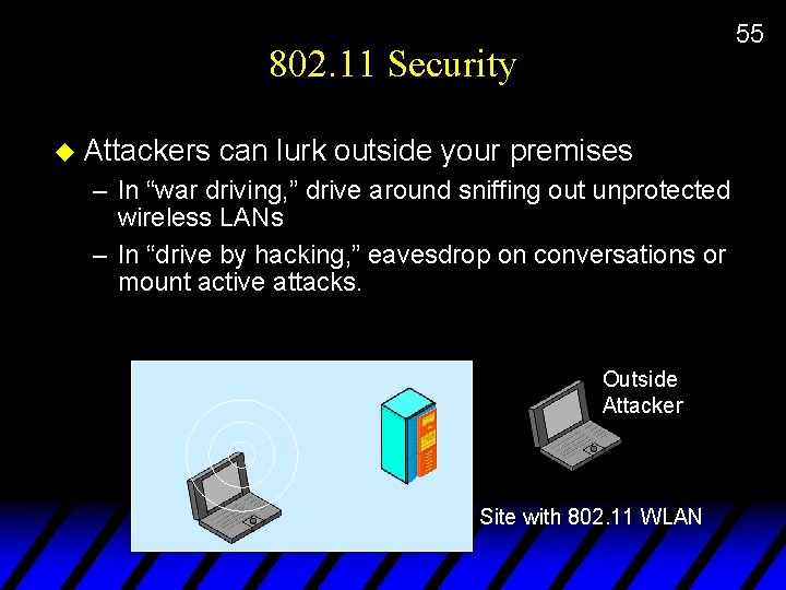 55 802. 11 Security u Attackers can lurk outside your premises – In “war