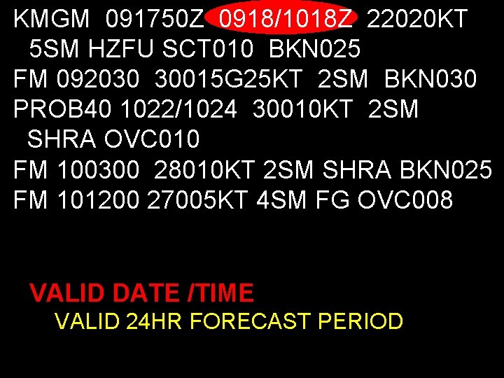 KMGM 091750 Z 0918/1018 Z 22020 KT 5 SM HZFU SCT 010 BKN 025