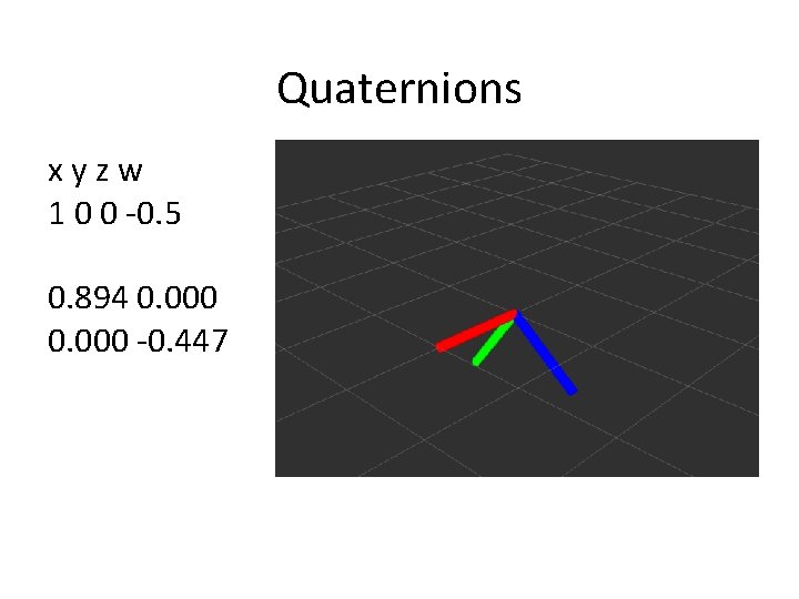 Quaternions xyzw 1 0 0 -0. 5 0. 894 0. 000 -0. 447 Quaternions xyzw 1 0 0 -0. 5 0. 894 0. 000 -0. 447
