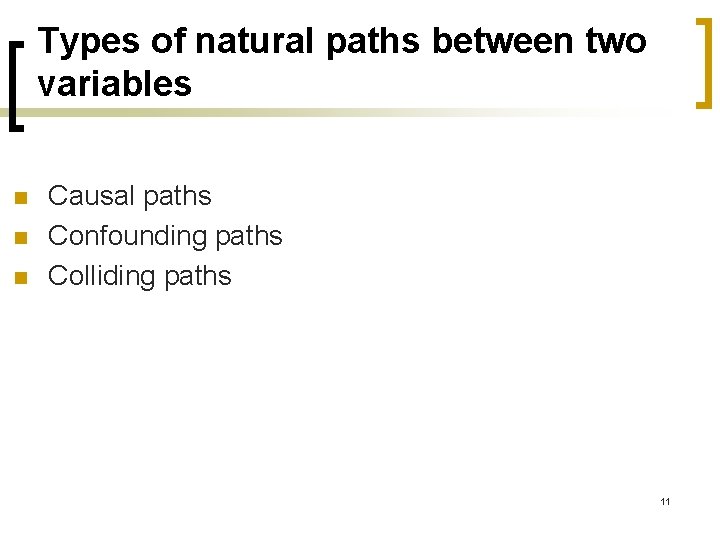 Types of natural paths between two variables n n n Causal paths Confounding paths