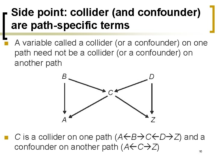 Side point: collider (and confounder) are path-specific terms n A variable called a collider