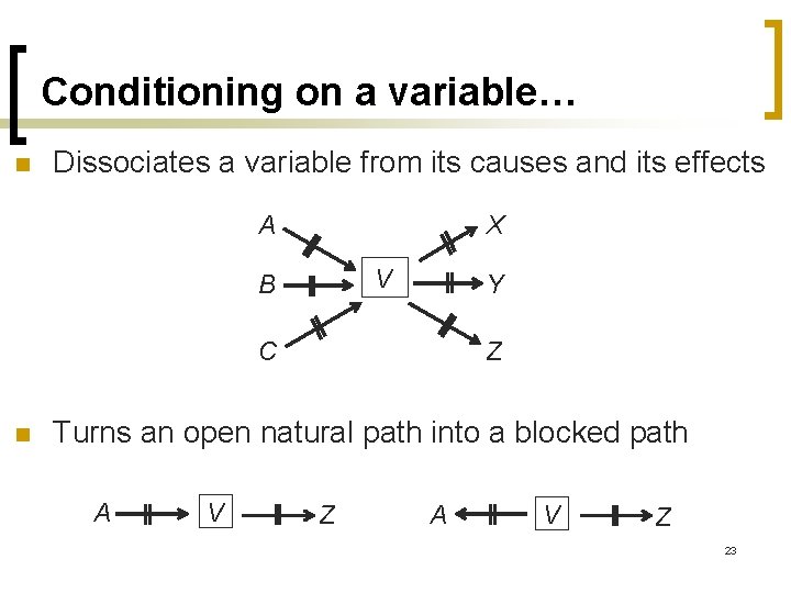 Conditioning on a variable… n Dissociates a variable from its causes and its effects