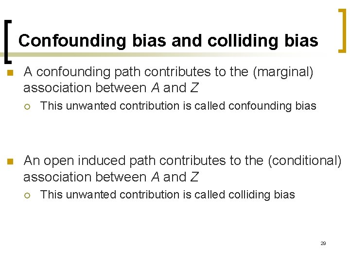 Confounding bias and colliding bias n A confounding path contributes to the (marginal) association