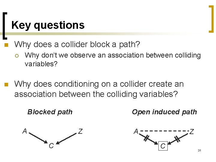 Key questions n Why does a collider block a path? ¡ n Why don’t