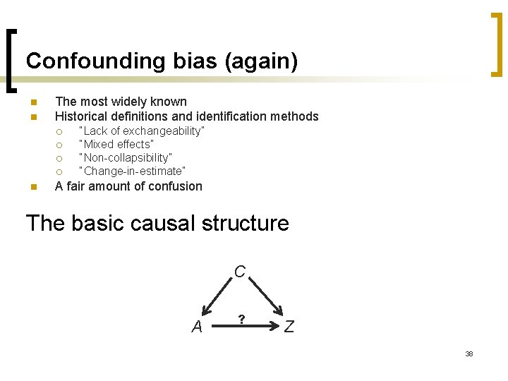 Confounding bias (again) n n The most widely known Historical definitions and identification methods