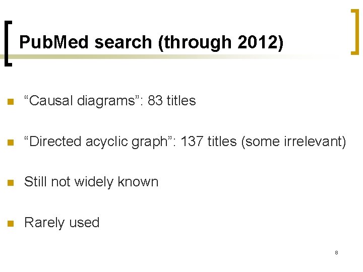Pub. Med search (through 2012) n “Causal diagrams”: 83 titles n “Directed acyclic graph”:
