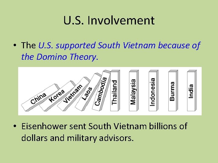 U. S. Involvement • The U. S. supported South Vietnam because of the Domino