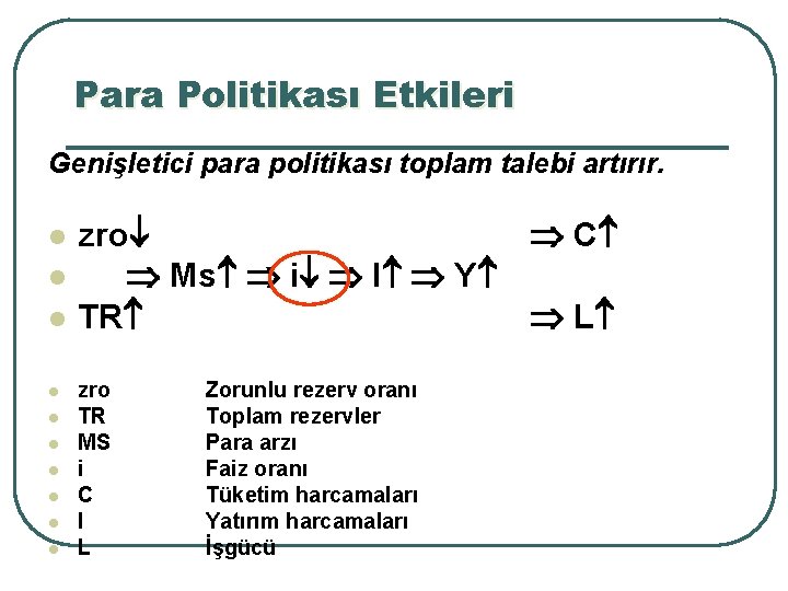 Para Politikası Etkileri Genişletici para politikası toplam talebi artırır. l l l l l