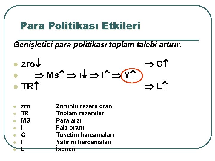 Para Politikası Etkileri Genişletici para politikası toplam talebi artırır. l l l l l