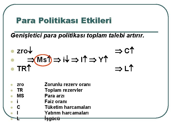 Para Politikası Etkileri Genişletici para politikası toplam talebi artırır. l l l l l