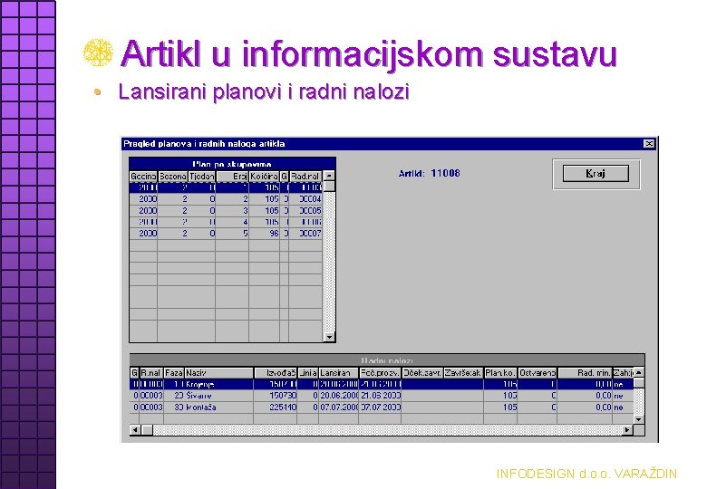 Artikl u informacijskom sustavu • Lansirani planovi i radni nalozi INFODESIGN d. o. o.