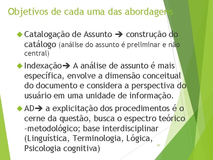 Objetivos de cada uma das abordagens Catalogação de Assunto construção do catálogo (análise do