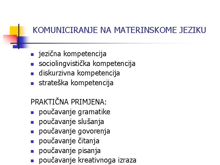 KOMUNICIRANJE NA MATERINSKOME JEZIKU n n jezična kompetencija sociolingvistička kompetencija diskurzivna kompetencija strateška kompetencija KOMUNICIRANJE NA MATERINSKOME JEZIKU n n jezična kompetencija sociolingvistička kompetencija diskurzivna kompetencija strateška kompetencija