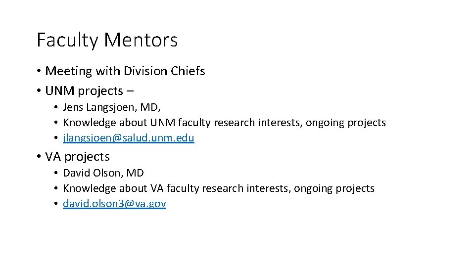 Faculty Mentors • Meeting with Division Chiefs • UNM projects – • Jens Langsjoen,