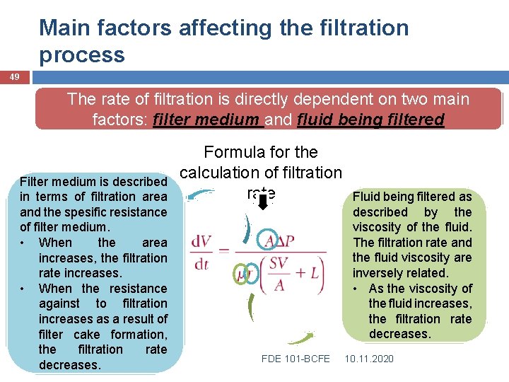 Main factors affecting the filtration process 49 The rate of filtration is directly dependent