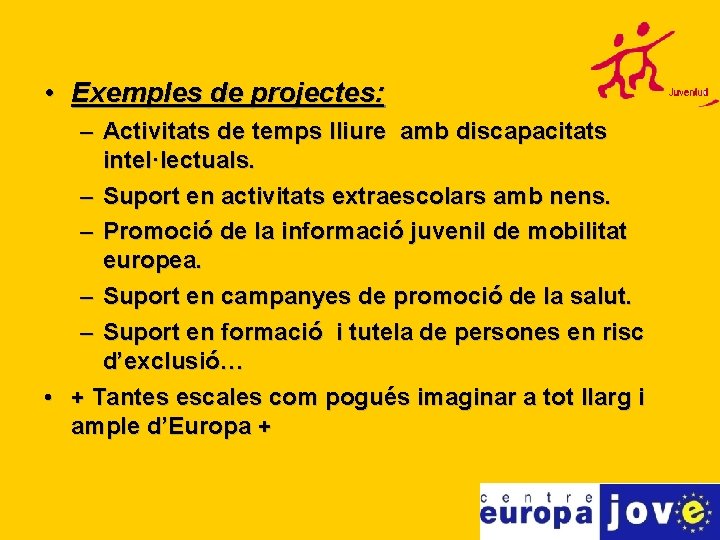  • Exemples de projectes: – Activitats de temps lliure amb discapacitats intel·lectuals. –