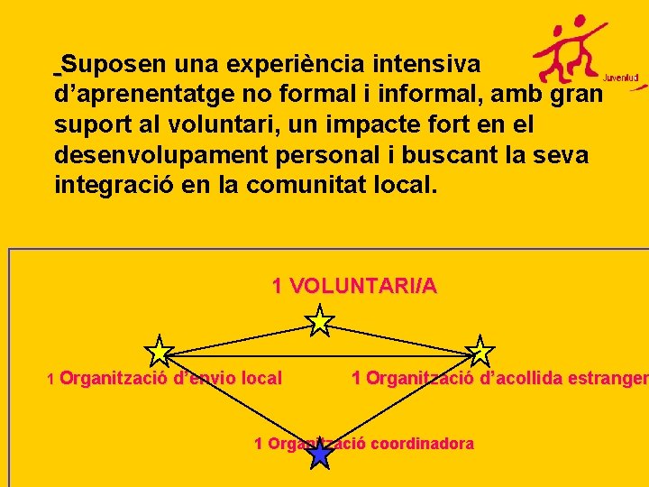 Suposen una experiència intensiva d’aprenentatge no formal i informal, amb gran suport al voluntari,