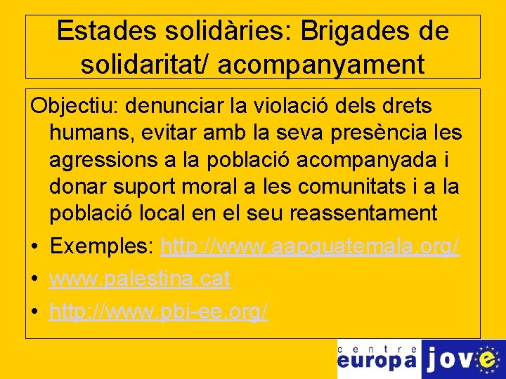 Estades solidàries: Brigades de solidaritat/ acompanyament Objectiu: denunciar la violació dels drets humans, evitar