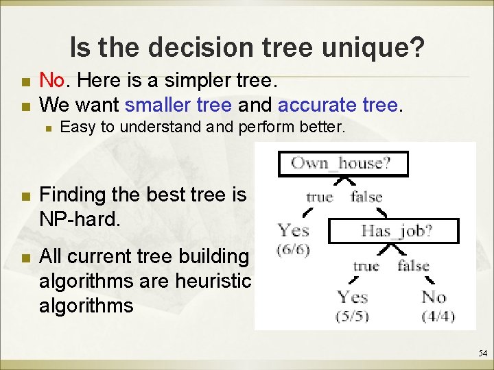 Is the decision tree unique? n n No. Here is a simpler tree. We