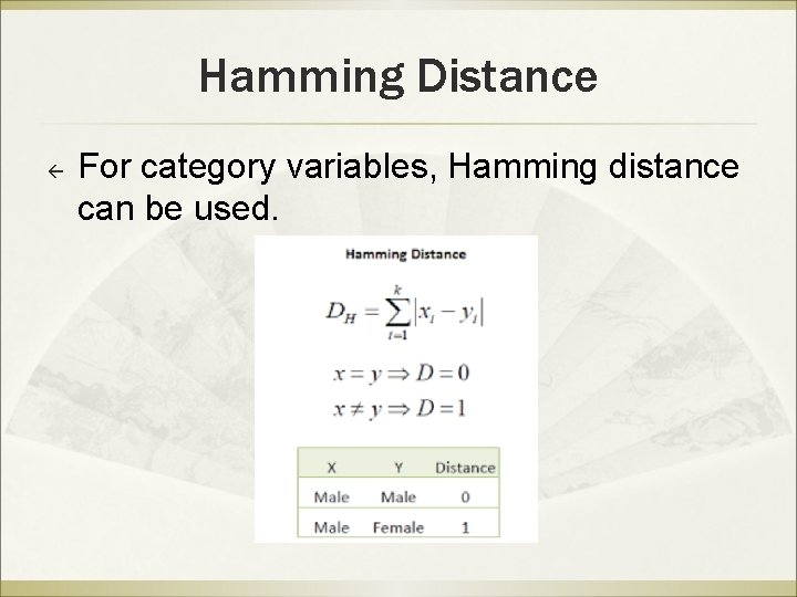 Hamming Distance ß For category variables, Hamming distance can be used. 