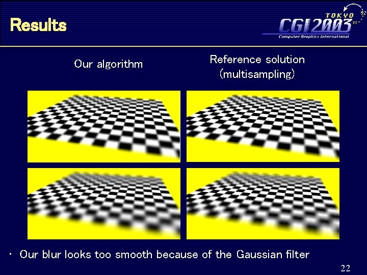 Results Our algorithm Reference solution (multisampling) • Our blur looks too smooth because of