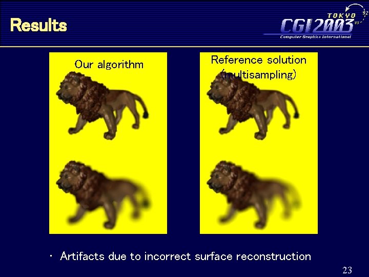 Results Our algorithm Reference solution (multisampling) • Artifacts due to incorrect surface reconstruction 23