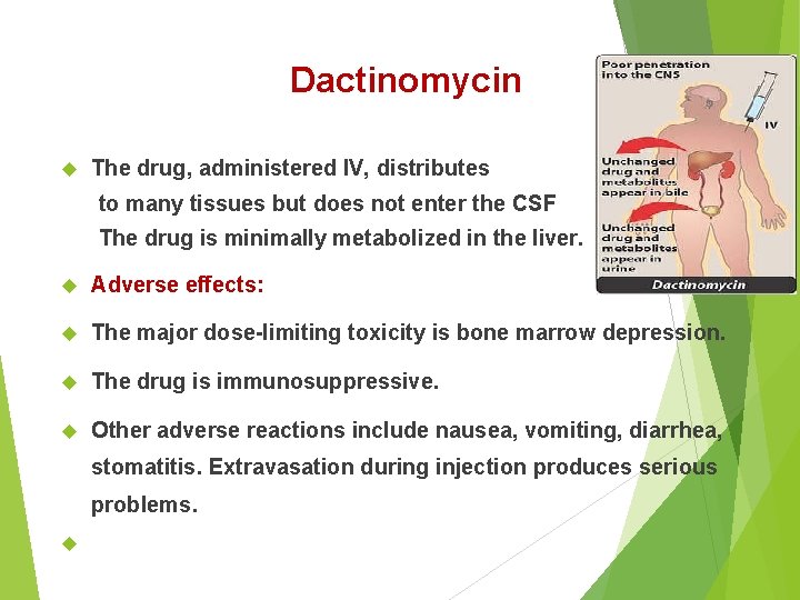 Dactinomycin The drug, administered IV, distributes to many tissues but does not enter the