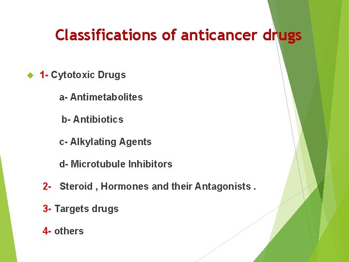 Classifications of anticancer drugs 1 - Cytotoxic Drugs a- Antimetabolites b- Antibiotics c- Alkylating