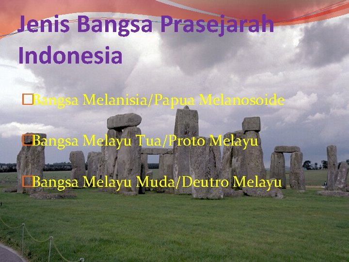 Jenis Bangsa Prasejarah Indonesia �Bangsa Melanisia/Papua Melanosoide �Bangsa Melayu Tua/Proto Melayu �Bangsa Melayu Muda/Deutro