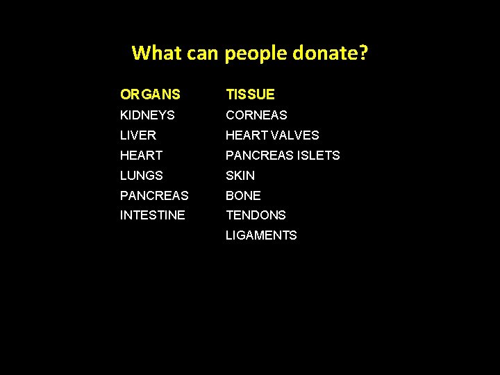 What can people donate? ORGANS TISSUE KIDNEYS CORNEAS LIVER HEART VALVES HEART PANCREAS ISLETS