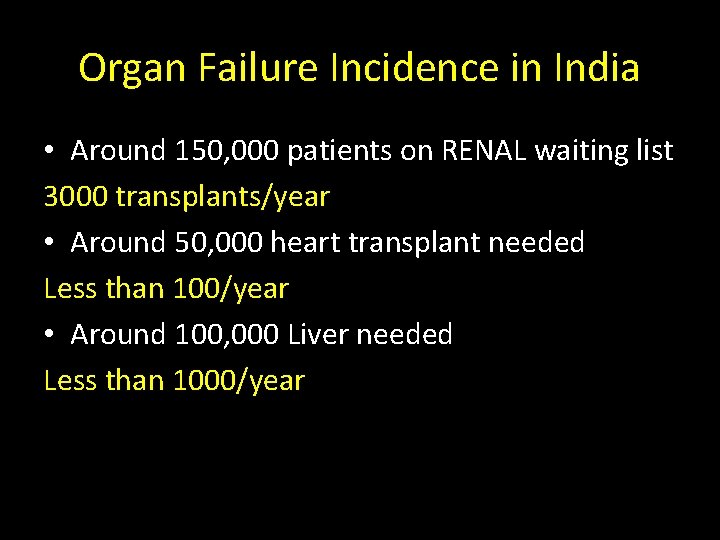 Organ Failure Incidence in India • Around 150, 000 patients on RENAL waiting list