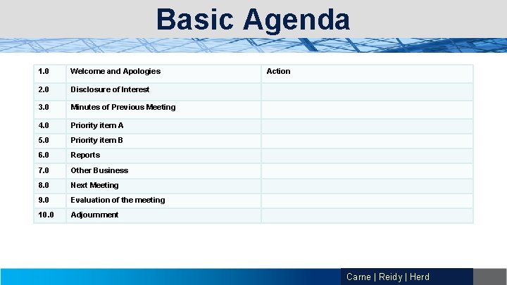 Basic Agenda 1. 0 Welcome and Apologies 2. 0 Disclosure of Interest 3. 0