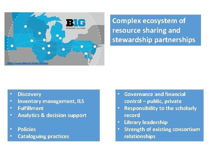 Complex ecosystem of resource sharing and stewardship partnerships https: //www. btaa. org/library/libraries • •
