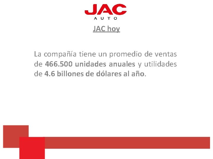 JAC hoy La compañía tiene un promedio de ventas de 466. 500 unidades anuales