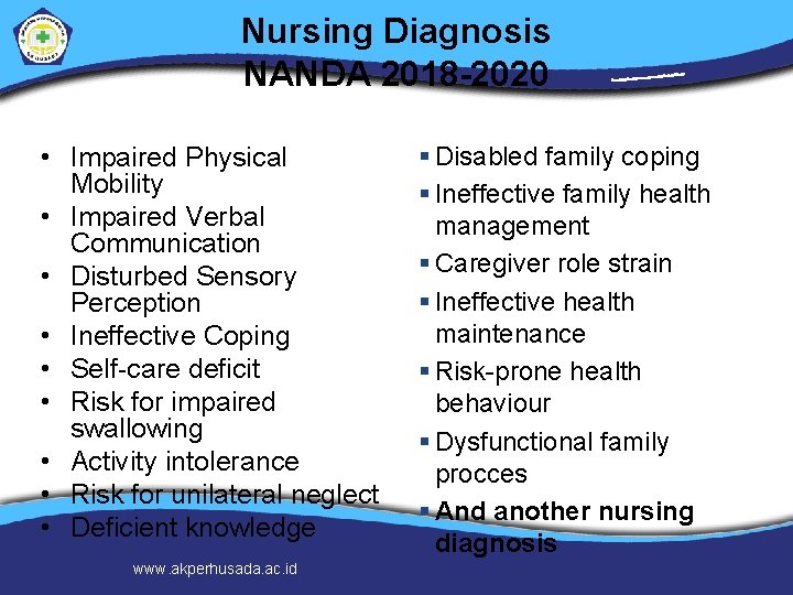 Nursing Diagnosis NANDA 2018 -2020 • Impaired Physical Mobility • Impaired Verbal Communication •