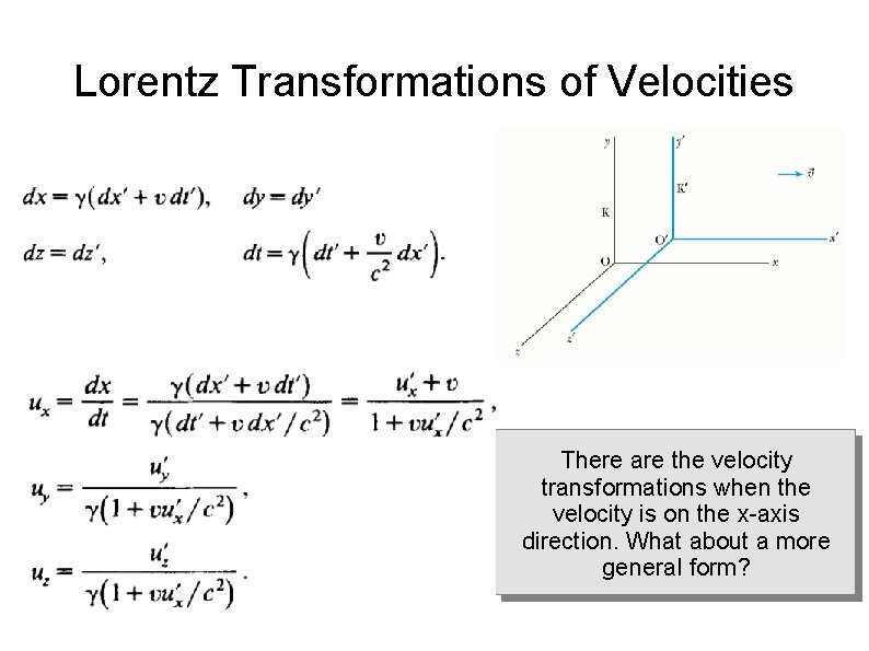 Lorentz Transformations of Velocities There are the velocity transformations when the velocity is on