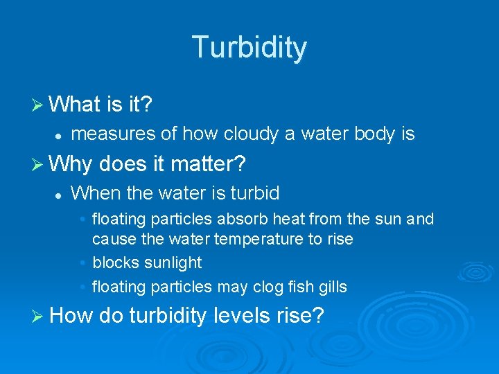 Turbidity Ø What is it? l measures of how cloudy a water body is